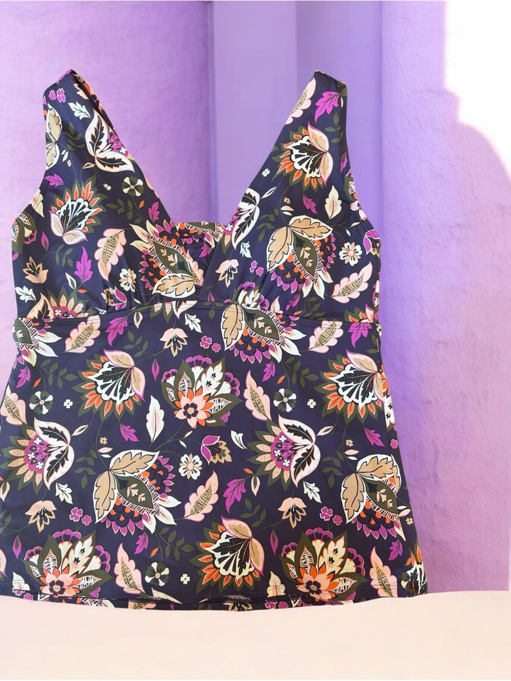 Land’s End ladies Tankini top only size 12 built in bra D purple floral NWT